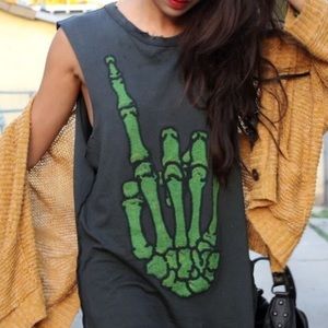 UNIF Distressed Muscle Tank Green Skeleton Hand